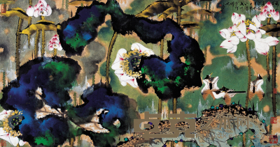 韩天衡 2004年作 白莲禽鸟 横幅 75×141cm