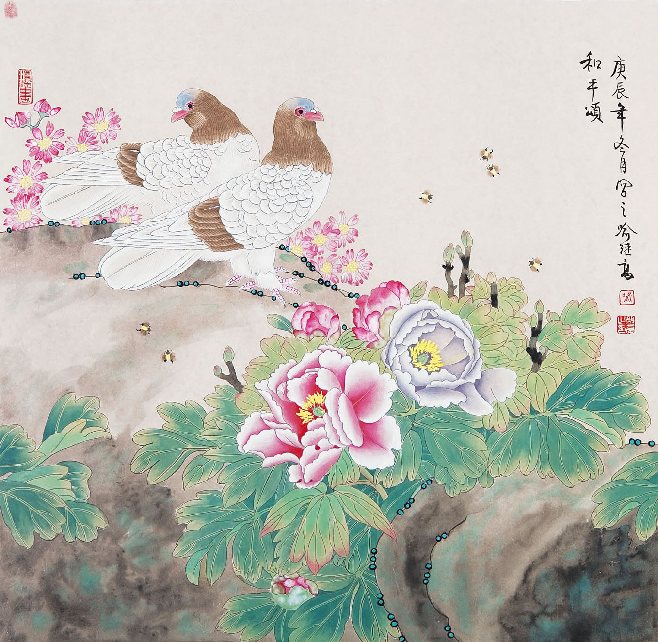 花鸟和平颂  立轴66×67    cm