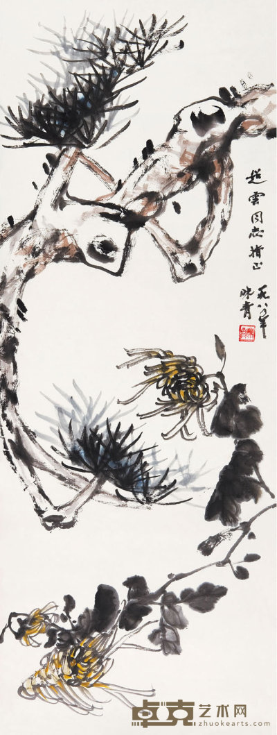 李味青(1909--1997)  松菊图 97×37  cm