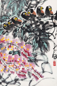 陈大羽（1912-2001）  紫藤蜡嘴