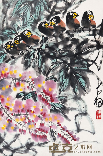 陈大羽（1912-2001）  紫藤蜡嘴 67×44cm