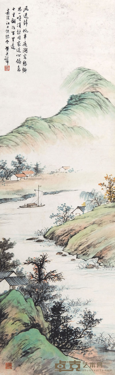 黄君璧（1898-1991）  青绿山水 106×33    cm