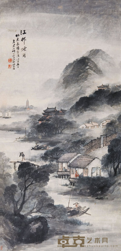 吴石仙（1845-1916）  江村烟雨 133×65    cm
