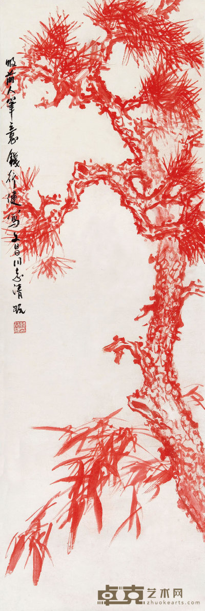 钱行健（b.1935）  朱色松竹图 100×33.5  cm