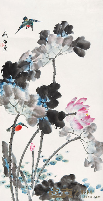 顾伯逵(1892－1969)  荷花翠鸟 78×40  cm
