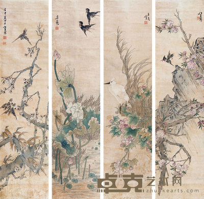 任熏(清代) 花鸟四屛 130×31.5×4cm