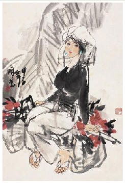 王明明 甲子（1984）年作 小憩 镜心66×44cm