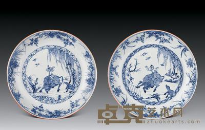清雍正 青花淡描牧牛图盘（一对） 直径23cm