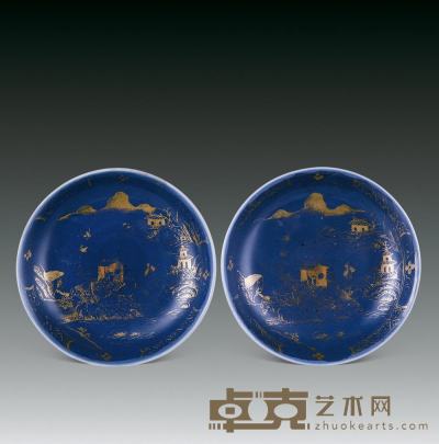 清 霁蓝釉描金山水盘（一对） 直径12cm