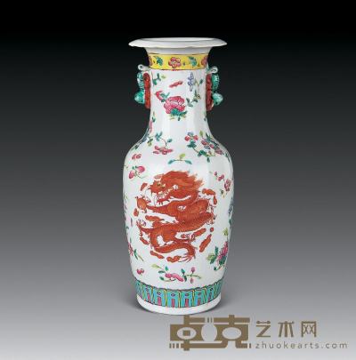 晚清 粉彩矾红龙纹瓶 高28cm