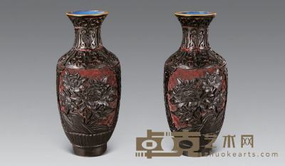 清 铜胎剔黑雕漆花瓶（一对） 高20cm