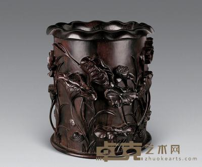 民国 紫檀雕“荷池图”笔筒 20×18cm