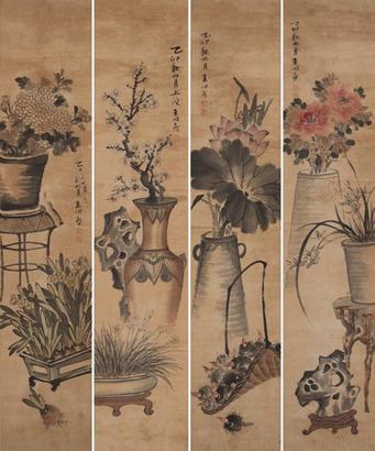 王同愈  花卉四屏