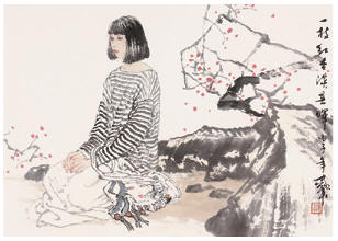何家英 丙子（1996）年作 一枝红杏淡春晖 镜心28×40cm