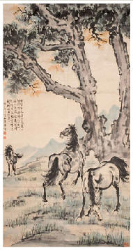 徐悲鸿 榕树三骏图 立轴158.5×82.5cm