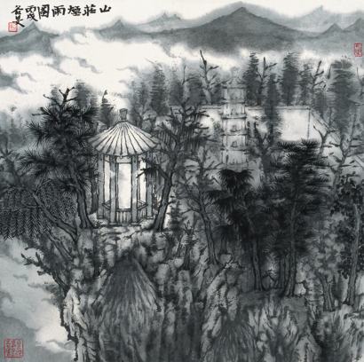 张谷旻 2006年作 山庄烟雨图 镜片