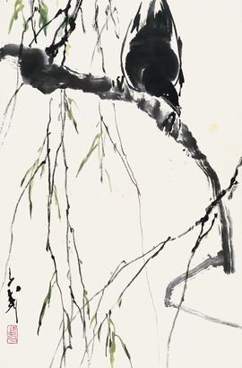 王子武 喜鹊柳枝 立轴
