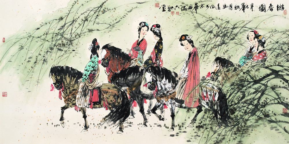 冯远 2001年作 游春图 镜片66.5×132.5cm