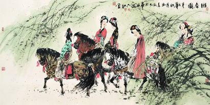 冯远 2001年作 游春图 镜片