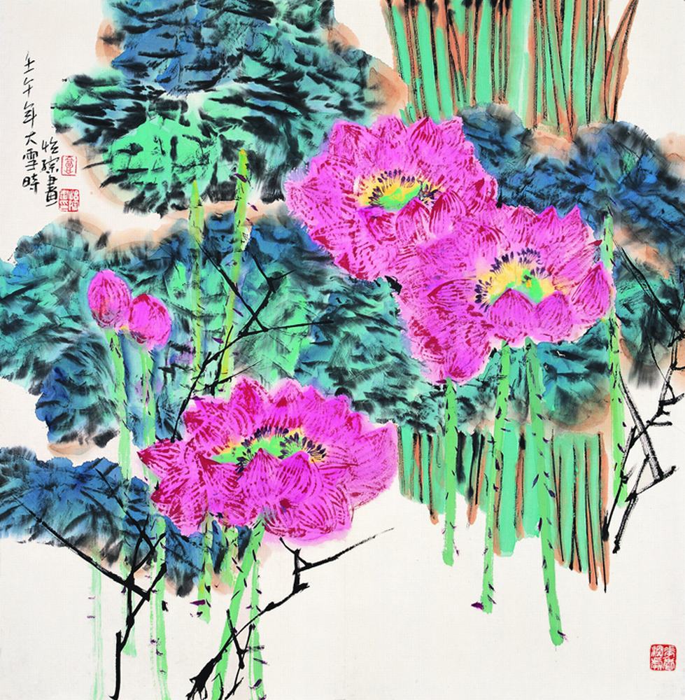 郭怡孮 2002年作 花卉 镜片69.5×69.5cm