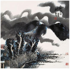 陈平 1992年作 江村烟雨 镜心68×68cm