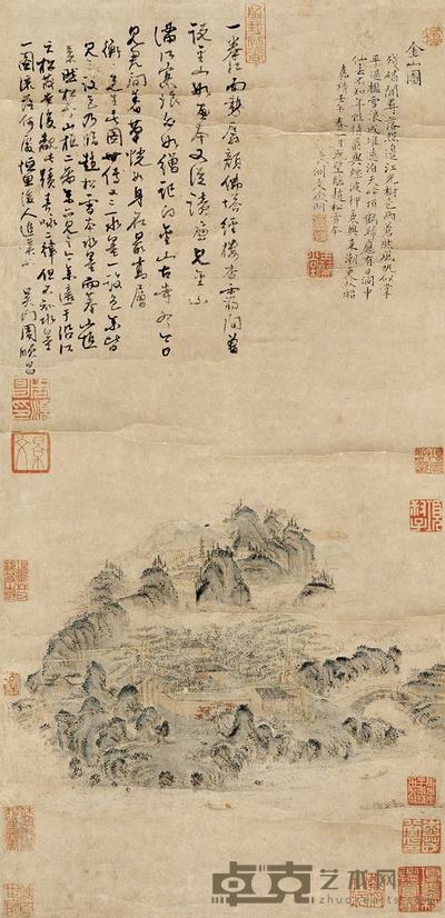 文徵明 1522年作 金山图 立轴 52×25cm