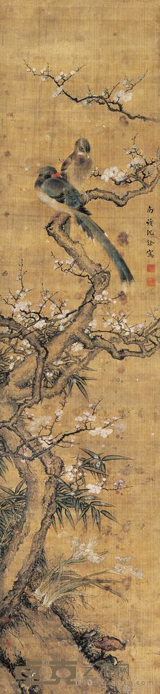 沈铨 花鸟 立轴 153×36cm
