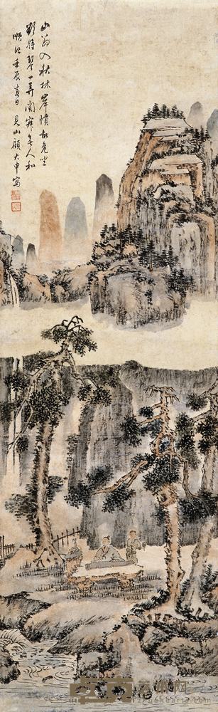 顾大申 1652年作 树下抚琴图 立轴 134×42cm