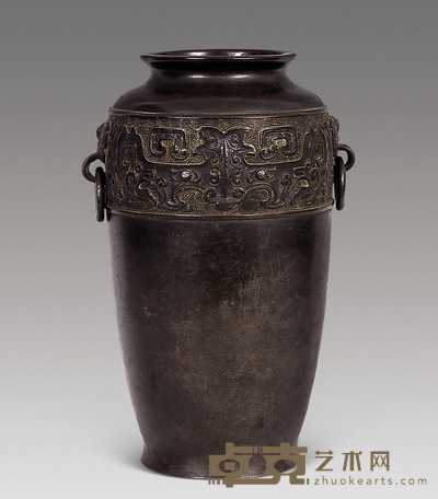清 铜双环耳夔龙纹瓶 高27cm