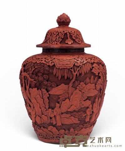 清 剔红雕漆庭院人物盖罐 高：33 cm