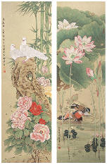 喻继高 花鸟 两屏131×41cm×2