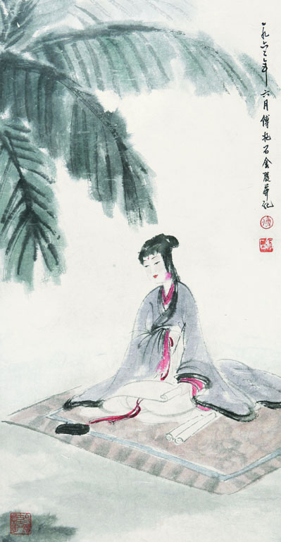 傅抱石  蕉荫仕女70×36cm