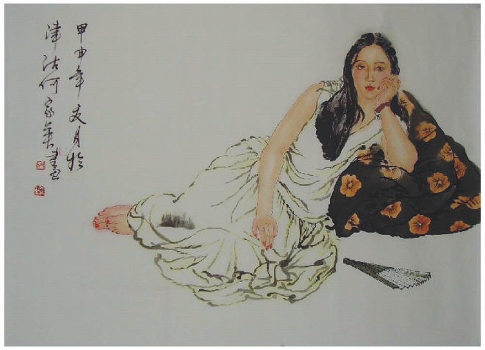 何家英 凝思,镜心69X69CM