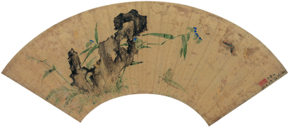 王维烈 1611年作 寿石草虫 扇面