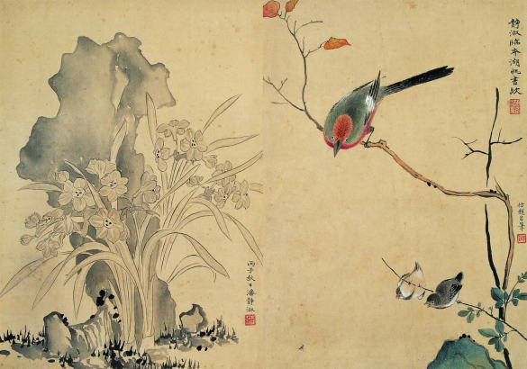 潘静淑 丙子（1936年）作 水仙寿石 幽禽鸣枝 双挖立轴