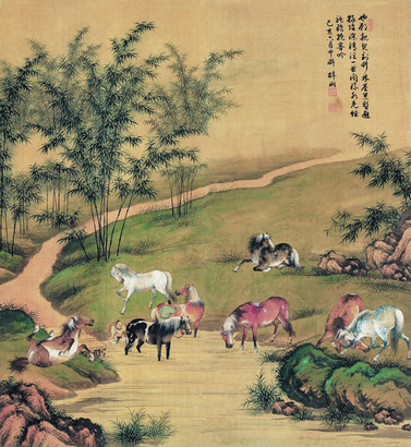 殷梓湘 己亥（1959年）作 八骏图 通景四屏