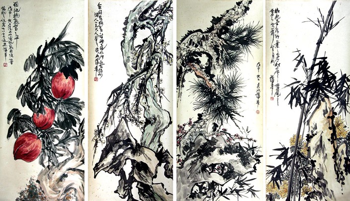 蒲华  花卉四屏
