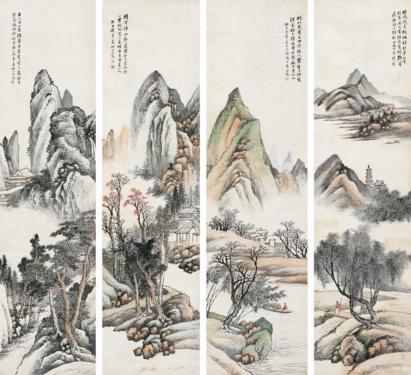 汪锟 山水 四屏