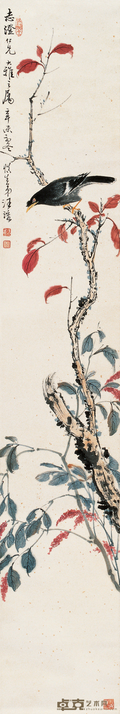 1931年作 红叶小鸟 立轴 138×23cm