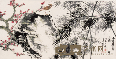 陈佩秋 1986年作 竹石春禽 镜片 68×136cm
