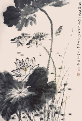 荷花双鱼图
