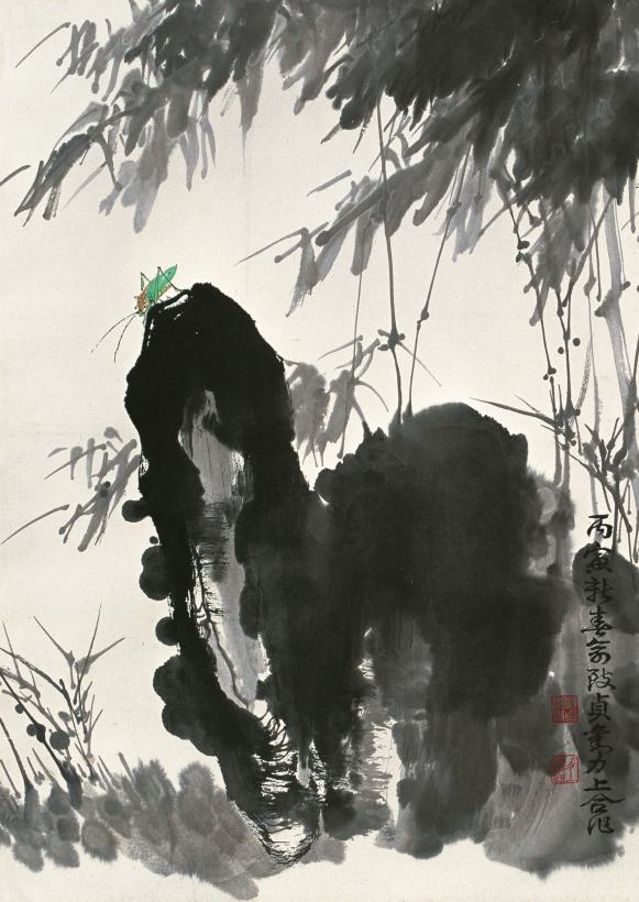 俞致贞 刘力上 丙寅（1986年）作 竹石草虫 镜心