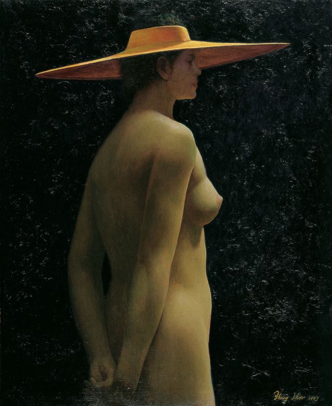 张周 1993年作 戴草帽的裸女