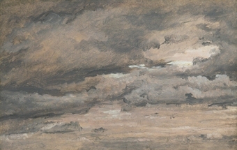 Luftstudie. R&oslash;dlig aftenhimmel med tunge sortgra skyer (Air study. Reddish evening sky with heavy Black-Grey Clouds)