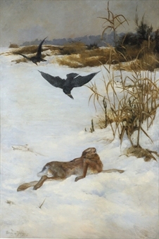 Korpar och hare i vinterlandskap (Raven and a Hare in a Winter Landscape)