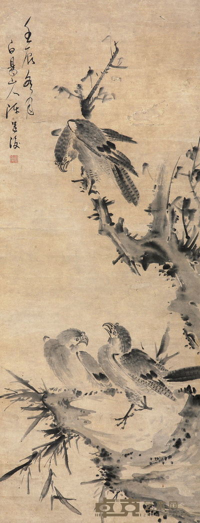 白易山人  古木雏鸟图 114×44cm