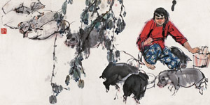 史国良 喂猪图 镜心66×134cm
