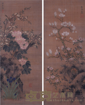 沈铨（款） 花鸟（二帧） 立轴 100×40cm×2