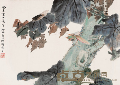 陆抑非 癸未（1943）年作 螳螂捕蝉 镜心 31.6×44.6cm