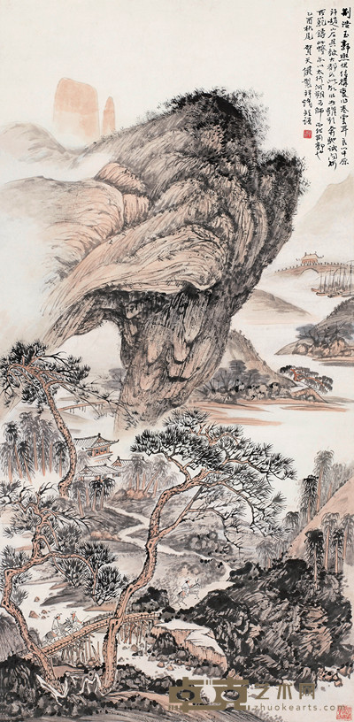 贺天健 乙酉（1945）年作 秋山行旅 立轴 105.8×52.4cm